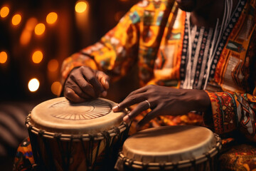 A close-up of a person's hand playing a traditional African drum, capturing the rhythm and spirit of African music. Generative Ai.