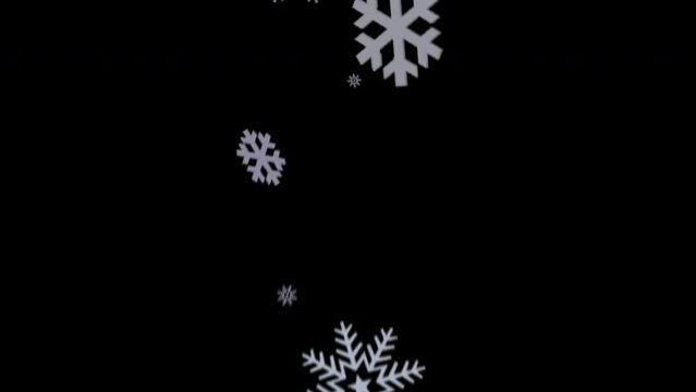 Animated snow flakes falling from the sky in slow motion, illustration-style, 4k 24p with alpha channel for transparent background