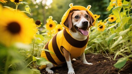 Dog wearing costume for carnival party. Cute funny puppy dogs dressed up in Halloween costumes. Humanised animals concept..