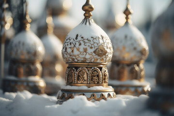 Obraz premium Lavish and ornate Russian Orthodox church domes against a backdrop of snow, representing the cultural and religious heritage of Russia. Generative Ai.