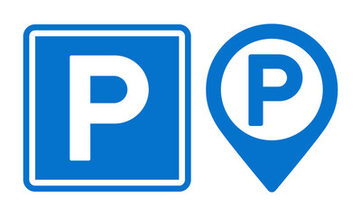 Parking sign and parking map pin. Parking location pin. GPS parking location symbol for apps and websites - obrazy, fototapety, plakaty