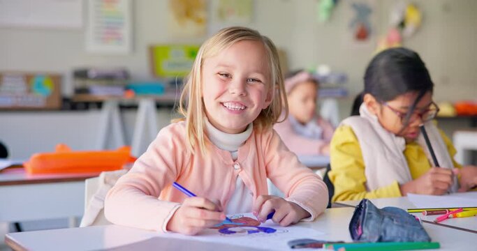 Face, writing and study with girl in classroom for learning, knowledge and education. Scholarship, happy and future with portrait of young student at school for academy, exam test and project