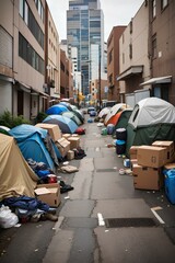 Homeless Encampment in an Urban area common in Major US Cities  - obrazy, fototapety, plakaty