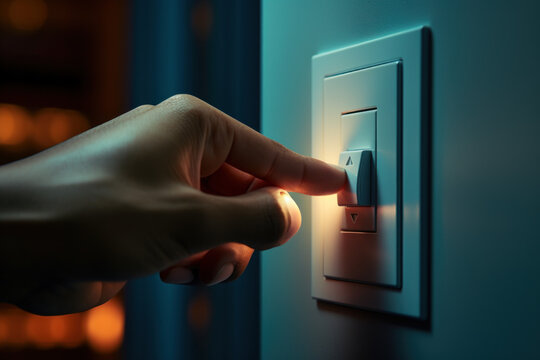 A close-up of a person's hand turning off a light switch, emphasizing the significance of energy conservation in daily life. Generative Ai.