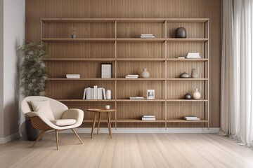 Fototapeta na wymiar White bookshelves with an accent wall with chair , concept of Interior Design, created with Generative AI technology