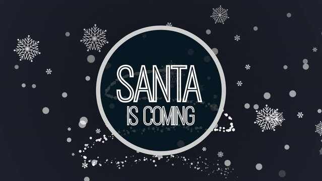 Santa Is Coming with fall snowflakes on blue gradient, motion holidays and retro style background for New Year and Merry Christmas