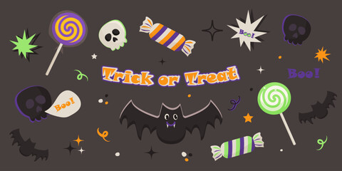 halloween poster with candy and lollipops, funny bat and skulls