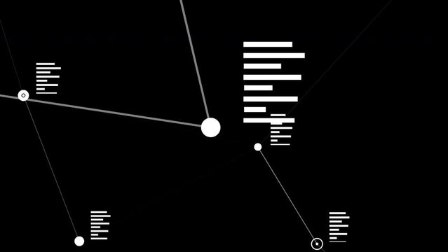3D geometric loop animation of connected pulsing dots and pretended text scrolling template, 4K intro background 