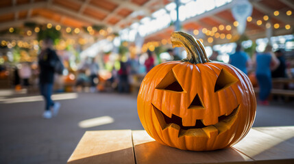 Close-up of a large smiling carved pumpkin, Jack-o'-lantern with the fun of a Halloween fair in the backdrop: capturing the happy vibes of the holiday celebrations, joy of Halloween