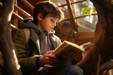 Kid boy is reading a book sitting in a wooden treehouse. Generative AI