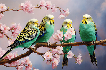 Four green yellow budgerigars sit on a branch of sakura blossoms. Generative AI