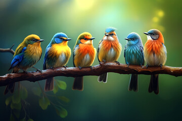 Six colorful birds sit on a branch on green background. Generative AI