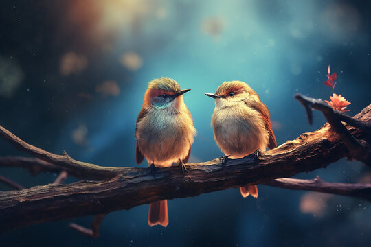 Two colorful birds sit on a branch on blue background. Generative AI