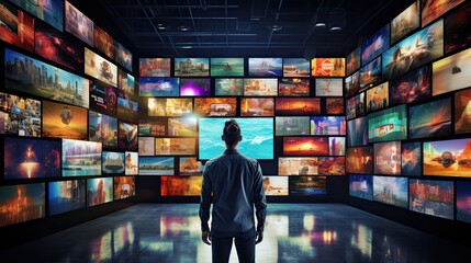 man watching multimedia wall