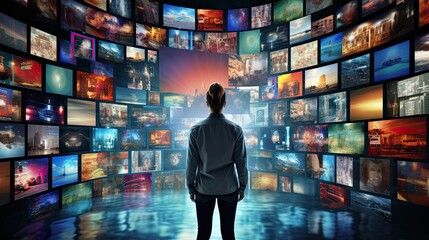 man watching multimedia wall