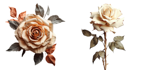 Wood and birch bark rose flower isolated on transparent background