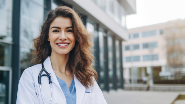 Happy woman doctor in a white lab coat with a stethoscope standing outside the hospital. Portrait of a smiling Caucasian female nurse standing outside the clinic, on a summer day. Medic is on a break.