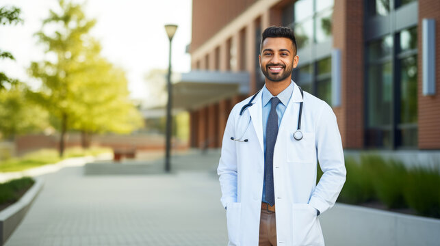 Happy young Indian doctor in a white lab coat with a stethoscope standing outside the hospital. Portrait of a smiling male medic standing outside the clinic, on a summer day. A physician on a break.