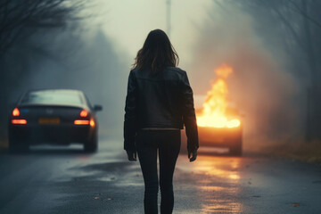 silhouette of a girl on the background of a burning car, in the light of car headlights. a woman on...