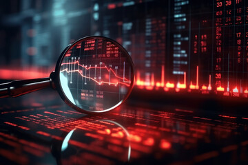 Data analysis, search engine optimization or SEO. magnifier, charts, graphs. ultraviolet and neon screen.