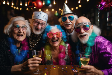 happy senior people smile together celebrating birthday in retirement. party for old people. retired old age