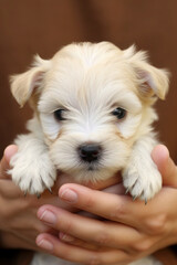 man is holding an fluffy puppy in his hands. pet, dog under protection. care and education, obedience training, raising