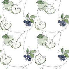 Apple blueberry branch seamless pattern vector. Line continuous hand drawn illustration. Nature outline backdrop. Garden fruit background. Food wallpaper, kitchen print, poster, package design.