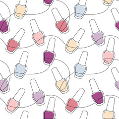 Nail polish seamless pattern vector. Cosmetic icon line continuous drawing. Graphic cartoon illustration. Fashion wallpaper, beauty background, fabric, textile, print, doodle backdrop, card, brochure.