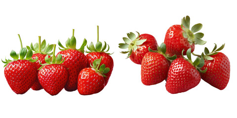 Five whole and one half ripe garden strawberries on a transparent background