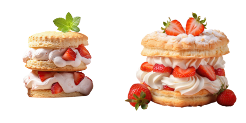 Cream and strawberry filled biscuits set against a transparent background