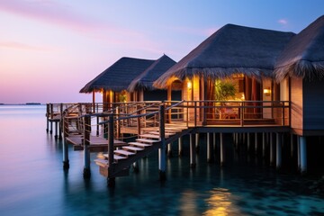 tropical beach in Maldives with few palm trees and blue lagoon. sunset. evening. Luxury travel concept with Copy Space.