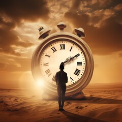 A man stands in front of a clock in the desert, watching time pass. End of time, end of the world and fulfillment concept.