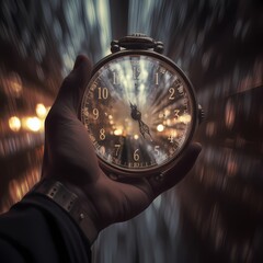 A man's hand holds a watch and watches time pass, a labyrinth into the future. End of time, end of the world and execution concept.