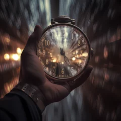 Foto op Canvas A man's hand holds a watch and watches time pass, a labyrinth into the future. End of time, end of the world and execution concept. © Olga