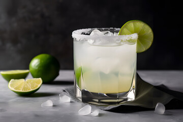 Fototapeta premium Margarita cocktail with ice, a slice of lime and a salty rim on a dark background