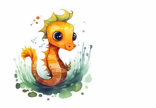 Cute cartoon seahorse. Isolated illustration on blue background. Copy space