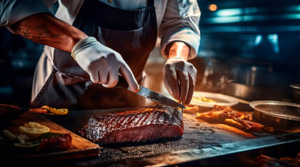 Grill restaurant kitchen. close up A chef in black cooking gloves uses a knife to cut smoked pork ribs.	
