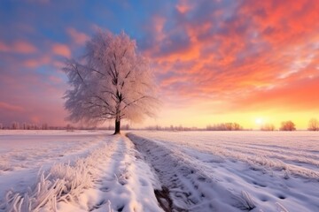 Beautiful Winter landscape at a rural field at sunset - stock concepts