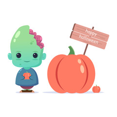 a green zombie stands next to a pumpkin for the halloween holiday