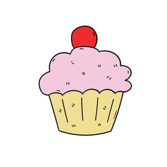 A hand-drawn cartoon cupcake with a cherry on a white background.