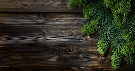 wooden background with green fir branches, copy space