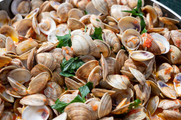 Fresh cooked vongole clams with tomatoes sauce for make of italian seafood dish spaghetti vongole