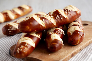 Homemade Soft Pretzel Sticks with Salt Ready to Eat, low angle view. Close-up.