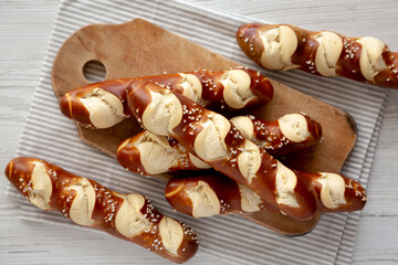 Homemade Soft Pretzel Sticks with Salt Ready to Eat, top view.