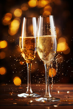 Glasses of champagne against golden background