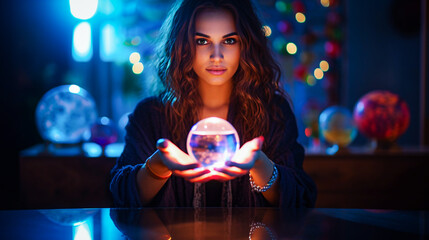 Beautiful young woman with magic crystal ball in her hands. Christmas background. Cartomancy and fortune telling. Selective focus. 