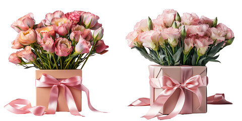 Obraz premium Isolated transparent background with pink eustoma flowers accompanied by gift box and ribbon