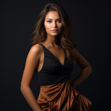 Fototapeta Supermodelo latina con un vestido posando en un estudio de fotografía con fondo negro e iluminación suave