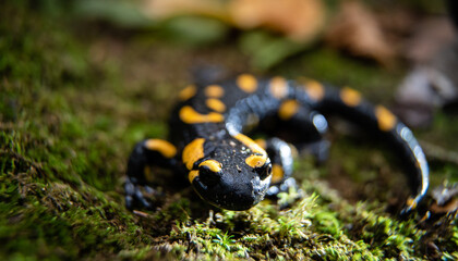 Fire salamander (Salamandra salamandra) in a forest, close-up