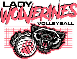 lady wolverines volleyball team design with mascot holding ball for school, college or league sports